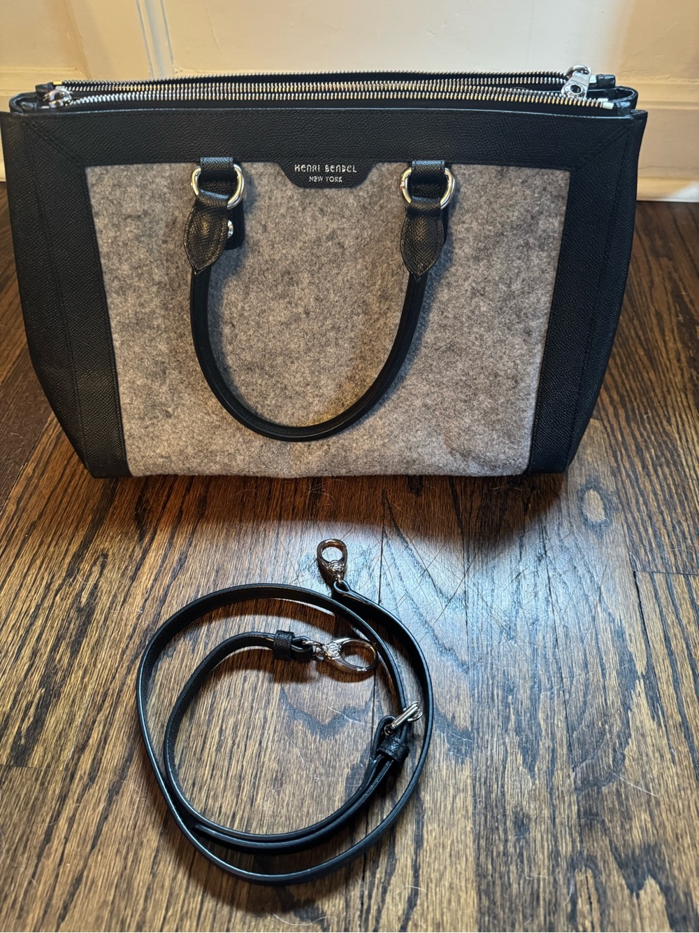 henri bendel Black Leather Trim with Gray Felt Panel Satchel